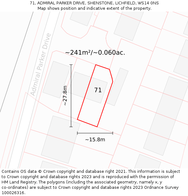 71, ADMIRAL PARKER DRIVE, SHENSTONE, LICHFIELD, WS14 0NS: Plot and title map