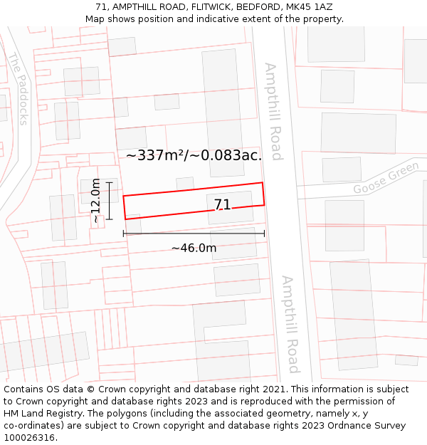 71, AMPTHILL ROAD, FLITWICK, BEDFORD, MK45 1AZ: Plot and title map