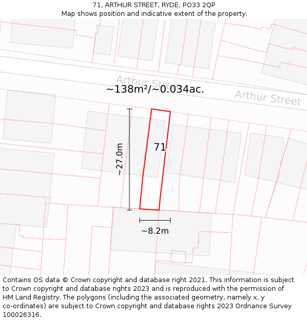 71, ARTHUR STREET, RYDE, PO33 2QP: Plot and title map