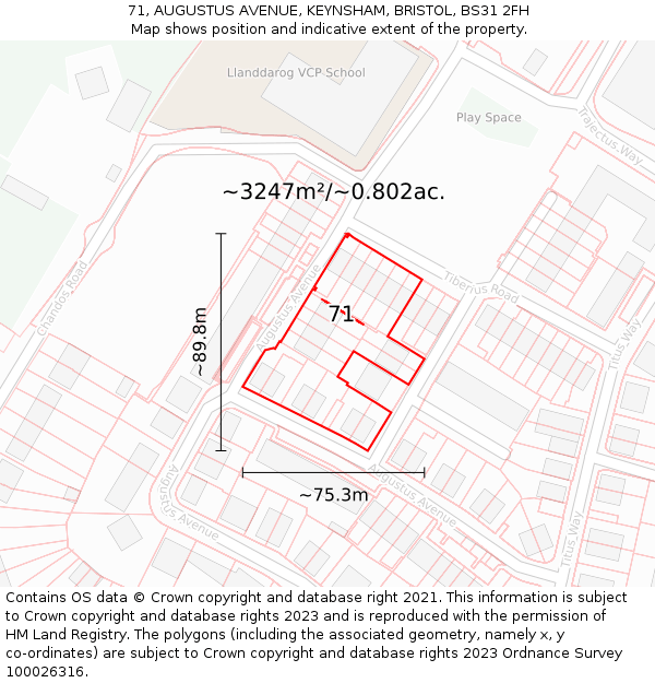 71, AUGUSTUS AVENUE, KEYNSHAM, BRISTOL, BS31 2FH: Plot and title map