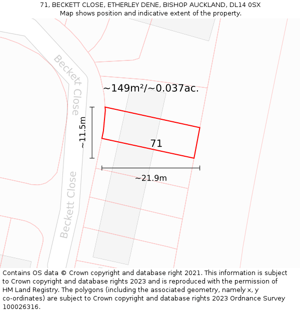 71, BECKETT CLOSE, ETHERLEY DENE, BISHOP AUCKLAND, DL14 0SX: Plot and title map