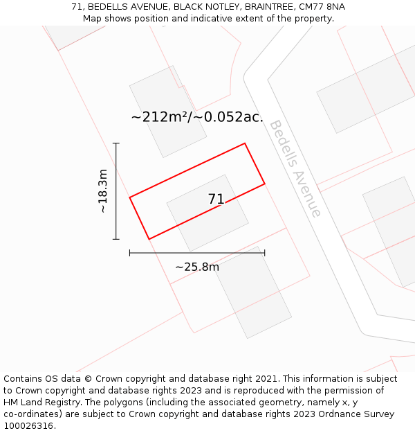 71, BEDELLS AVENUE, BLACK NOTLEY, BRAINTREE, CM77 8NA: Plot and title map