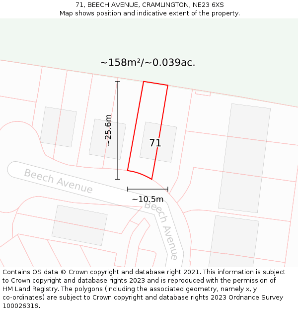 71, BEECH AVENUE, CRAMLINGTON, NE23 6XS: Plot and title map