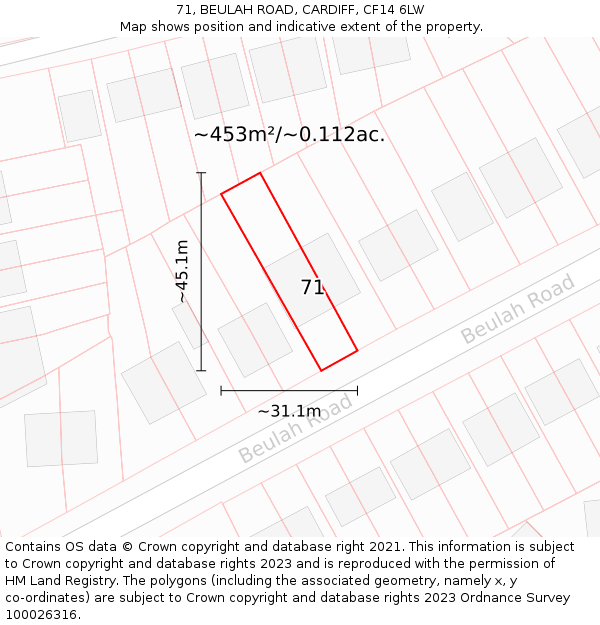 71, BEULAH ROAD, CARDIFF, CF14 6LW: Plot and title map