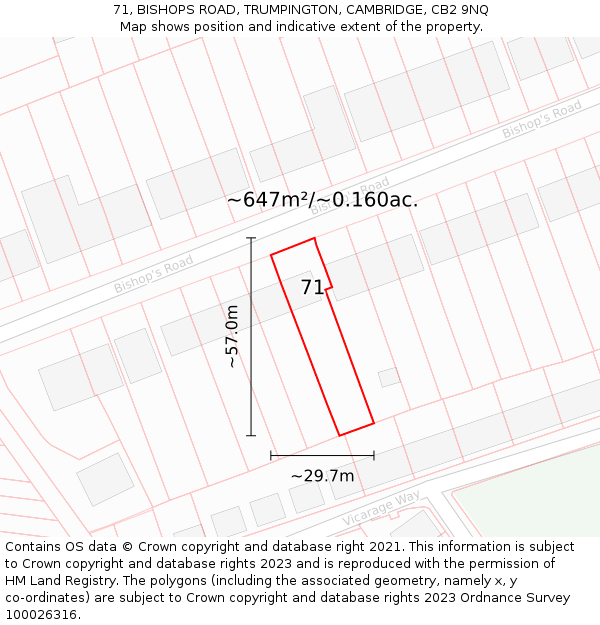 71, BISHOPS ROAD, TRUMPINGTON, CAMBRIDGE, CB2 9NQ: Plot and title map