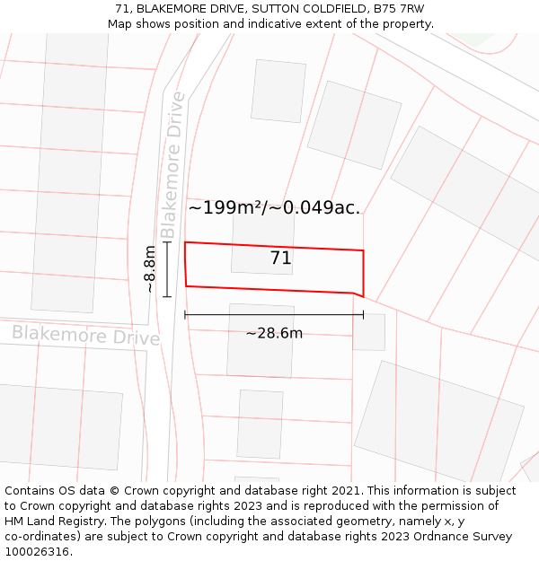 71, BLAKEMORE DRIVE, SUTTON COLDFIELD, B75 7RW: Plot and title map