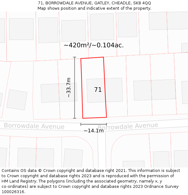 71, BORROWDALE AVENUE, GATLEY, CHEADLE, SK8 4QQ: Plot and title map