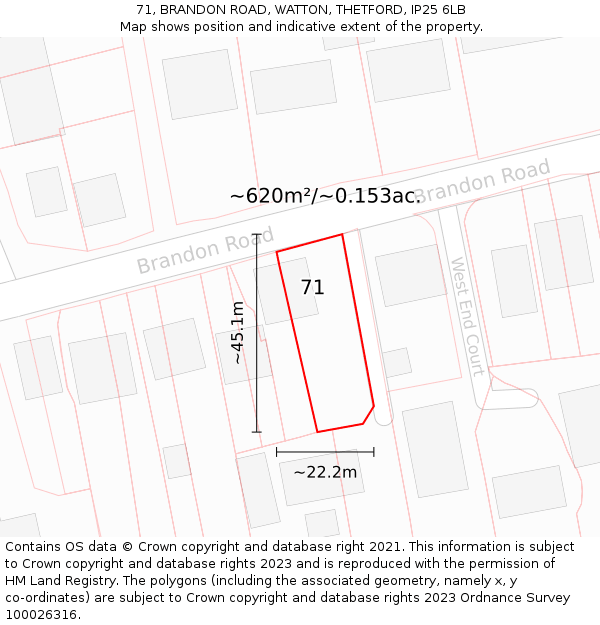 71, BRANDON ROAD, WATTON, THETFORD, IP25 6LB: Plot and title map