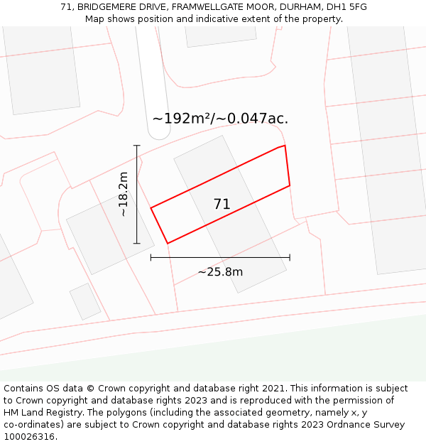 71, BRIDGEMERE DRIVE, FRAMWELLGATE MOOR, DURHAM, DH1 5FG: Plot and title map