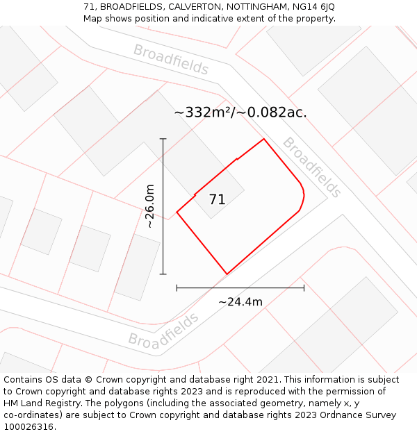 71, BROADFIELDS, CALVERTON, NOTTINGHAM, NG14 6JQ: Plot and title map