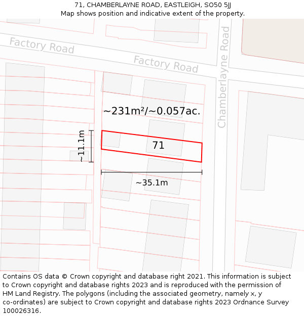 71, CHAMBERLAYNE ROAD, EASTLEIGH, SO50 5JJ: Plot and title map