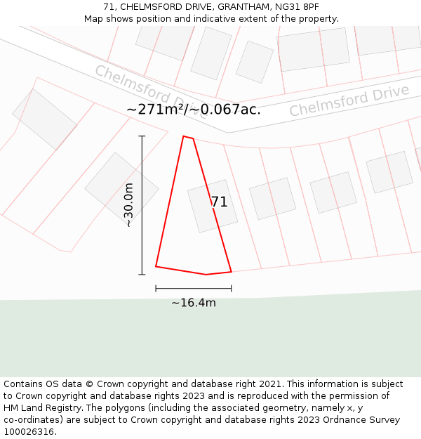 71, CHELMSFORD DRIVE, GRANTHAM, NG31 8PF: Plot and title map