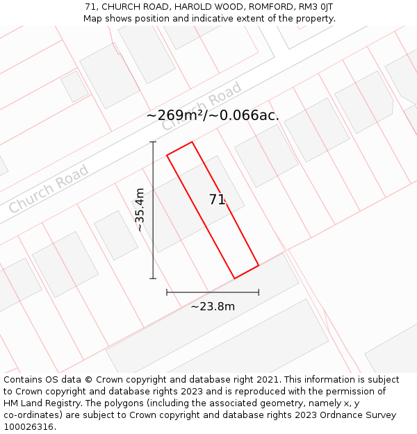 71, CHURCH ROAD, HAROLD WOOD, ROMFORD, RM3 0JT: Plot and title map