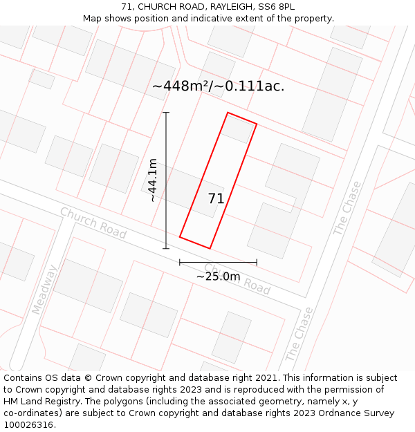 71, CHURCH ROAD, RAYLEIGH, SS6 8PL: Plot and title map