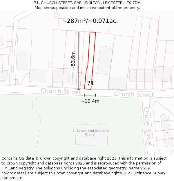 71, CHURCH STREET, EARL SHILTON, LEICESTER, LE9 7DA: Plot and title map