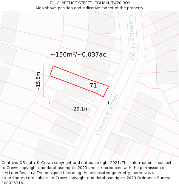 71, CLARENCE STREET, EGHAM, TW20 9QY: Plot and title map