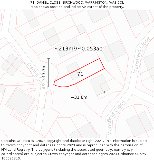 71, DANIEL CLOSE, BIRCHWOOD, WARRINGTON, WA3 6QL: Plot and title map