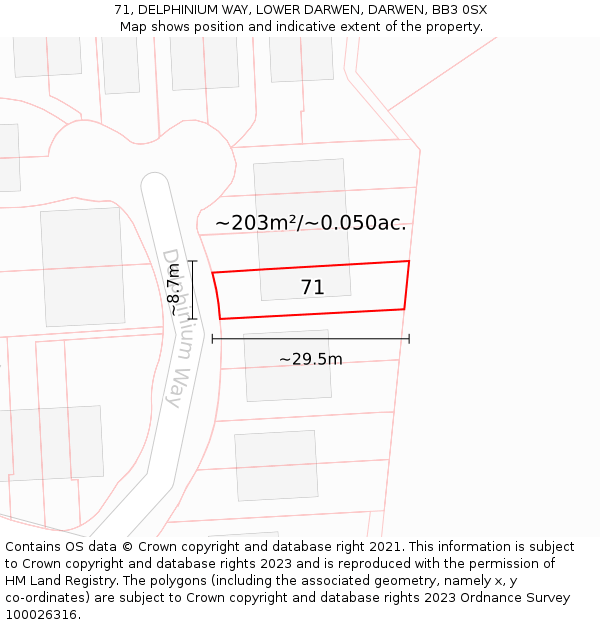71, DELPHINIUM WAY, LOWER DARWEN, DARWEN, BB3 0SX: Plot and title map