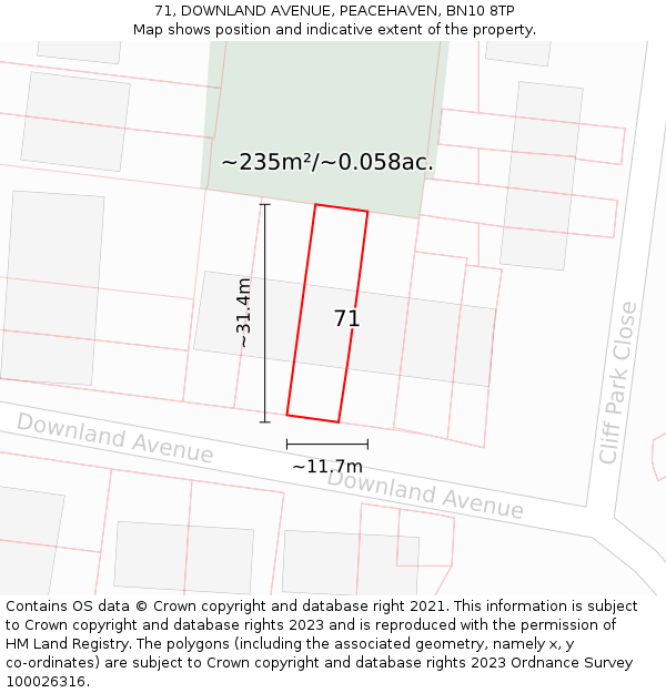 71, DOWNLAND AVENUE, PEACEHAVEN, BN10 8TP: Plot and title map