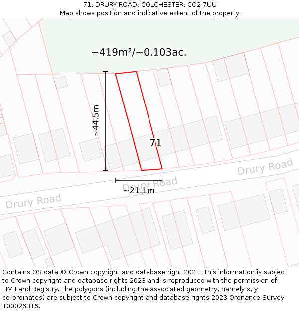 71, DRURY ROAD, COLCHESTER, CO2 7UU: Plot and title map