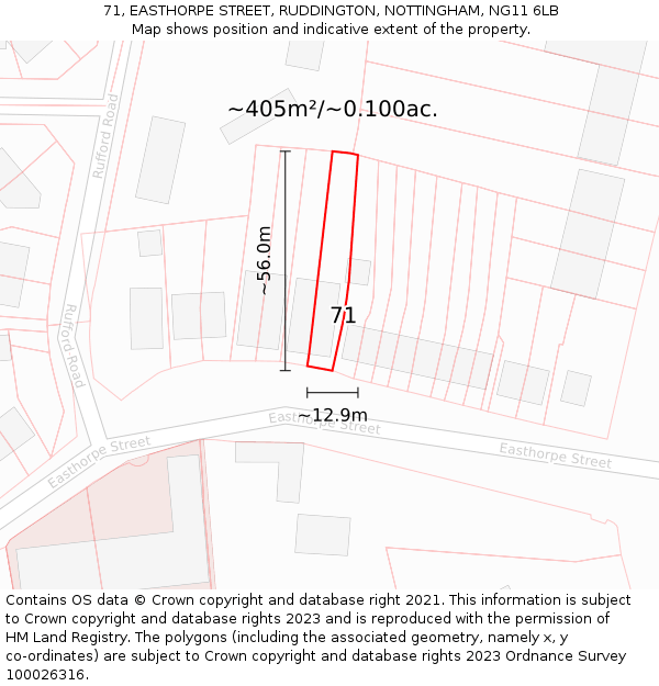 71, EASTHORPE STREET, RUDDINGTON, NOTTINGHAM, NG11 6LB: Plot and title map