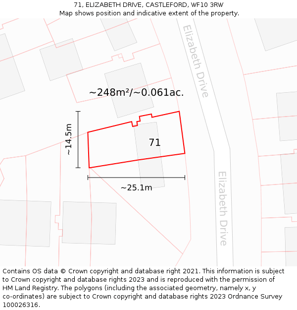 71, ELIZABETH DRIVE, CASTLEFORD, WF10 3RW: Plot and title map