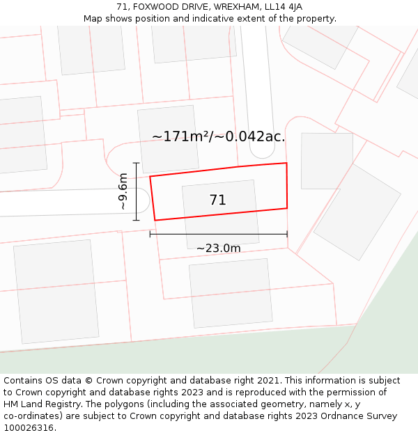 71, FOXWOOD DRIVE, WREXHAM, LL14 4JA: Plot and title map