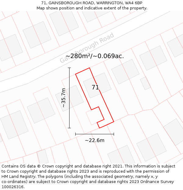 71, GAINSBOROUGH ROAD, WARRINGTON, WA4 6BP: Plot and title map