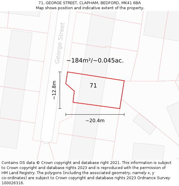 71, GEORGE STREET, CLAPHAM, BEDFORD, MK41 6BA: Plot and title map