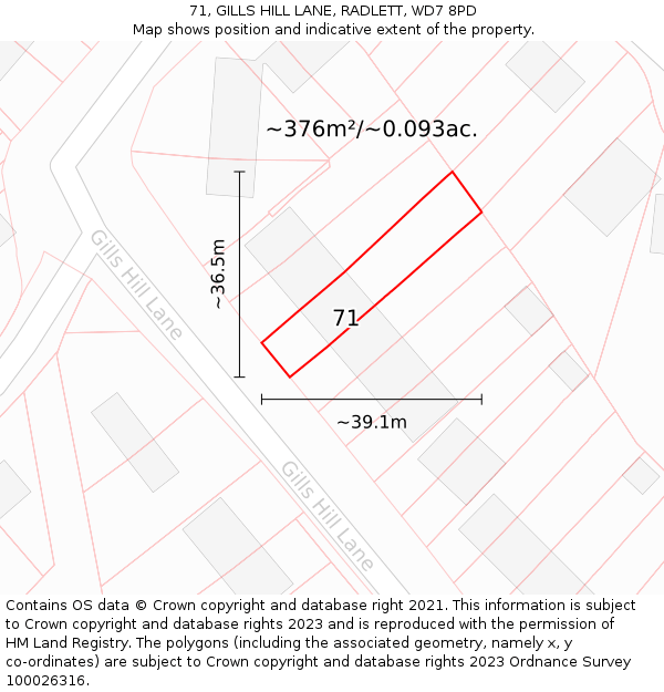 71, GILLS HILL LANE, RADLETT, WD7 8PD: Plot and title map