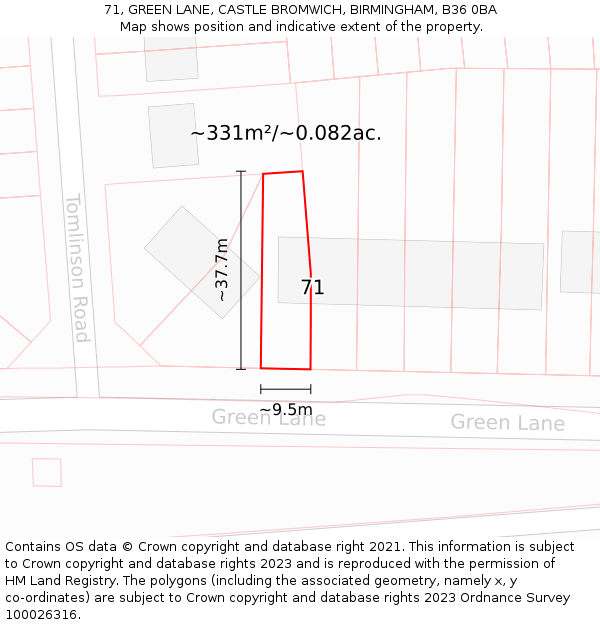 71, GREEN LANE, CASTLE BROMWICH, BIRMINGHAM, B36 0BA: Plot and title map