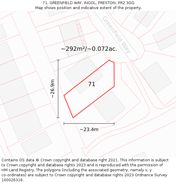 71, GREENFIELD WAY, INGOL, PRESTON, PR2 3GG: Plot and title map