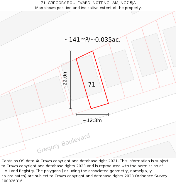 71, GREGORY BOULEVARD, NOTTINGHAM, NG7 5JA: Plot and title map