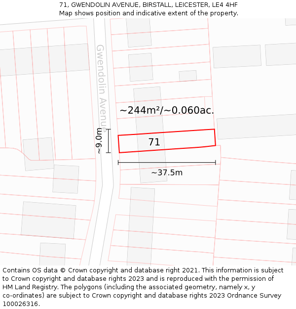 71, GWENDOLIN AVENUE, BIRSTALL, LEICESTER, LE4 4HF: Plot and title map