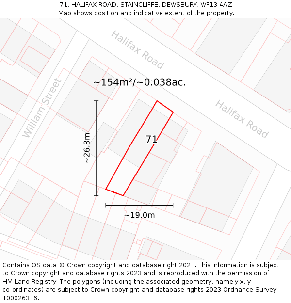 71, HALIFAX ROAD, STAINCLIFFE, DEWSBURY, WF13 4AZ: Plot and title map