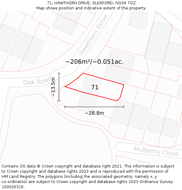 71, HAWTHORN DRIVE, SLEAFORD, NG34 7GZ: Plot and title map