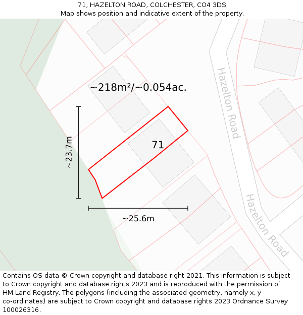 71, HAZELTON ROAD, COLCHESTER, CO4 3DS: Plot and title map