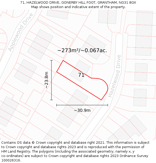 71, HAZELWOOD DRIVE, GONERBY HILL FOOT, GRANTHAM, NG31 8GX: Plot and title map