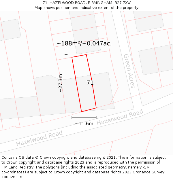 71, HAZELWOOD ROAD, BIRMINGHAM, B27 7XW: Plot and title map