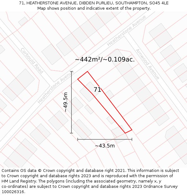 71, HEATHERSTONE AVENUE, DIBDEN PURLIEU, SOUTHAMPTON, SO45 4LE: Plot and title map