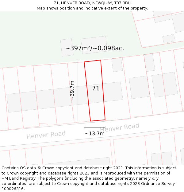 71, HENVER ROAD, NEWQUAY, TR7 3DH: Plot and title map