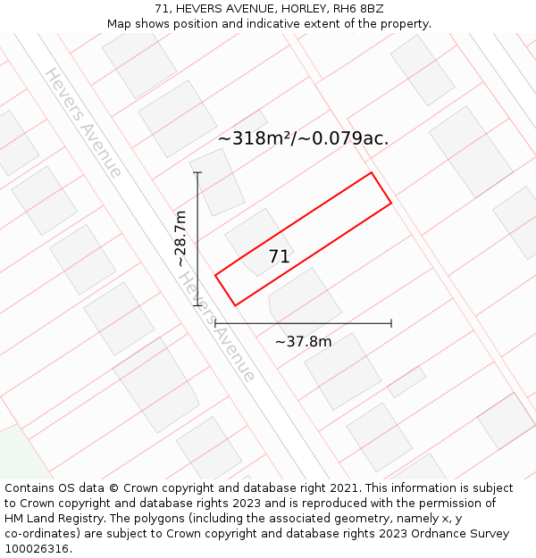 71, HEVERS AVENUE, HORLEY, RH6 8BZ: Plot and title map