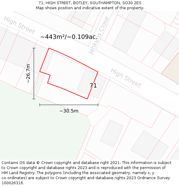 71, HIGH STREET, BOTLEY, SOUTHAMPTON, SO30 2ES: Plot and title map