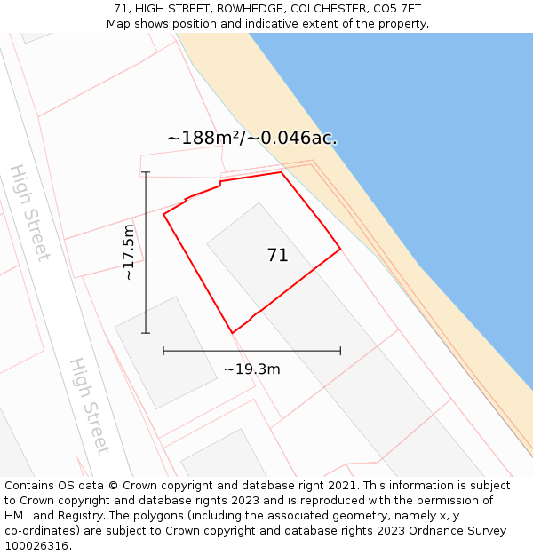 71, HIGH STREET, ROWHEDGE, COLCHESTER, CO5 7ET: Plot and title map