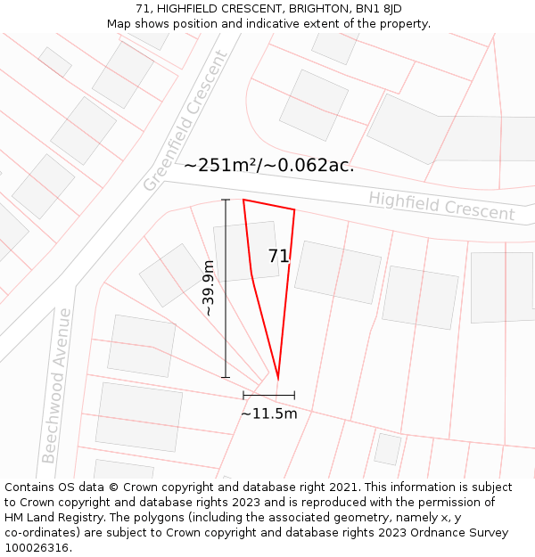 71, HIGHFIELD CRESCENT, BRIGHTON, BN1 8JD: Plot and title map