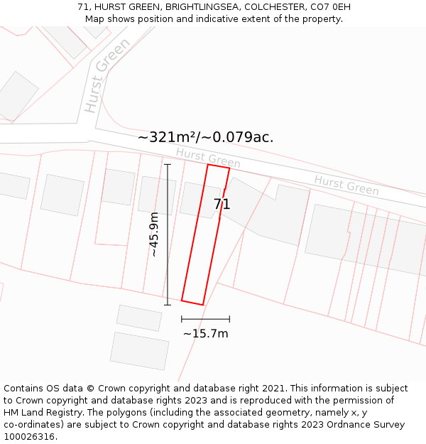 71, HURST GREEN, BRIGHTLINGSEA, COLCHESTER, CO7 0EH: Plot and title map