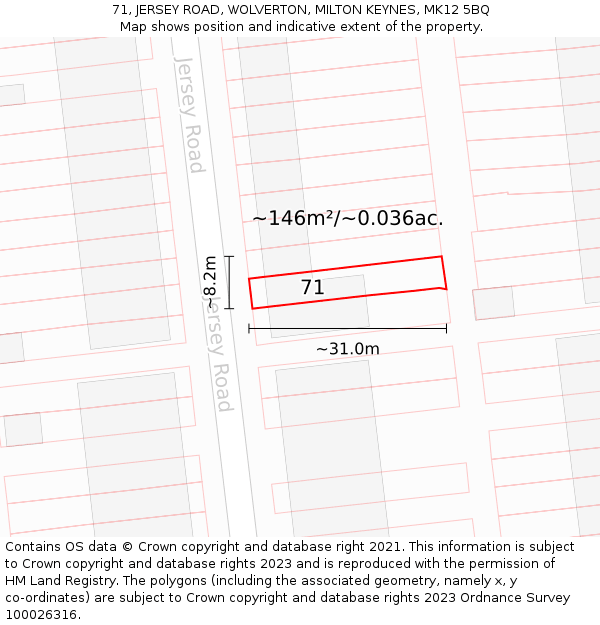 71, JERSEY ROAD, WOLVERTON, MILTON KEYNES, MK12 5BQ: Plot and title map