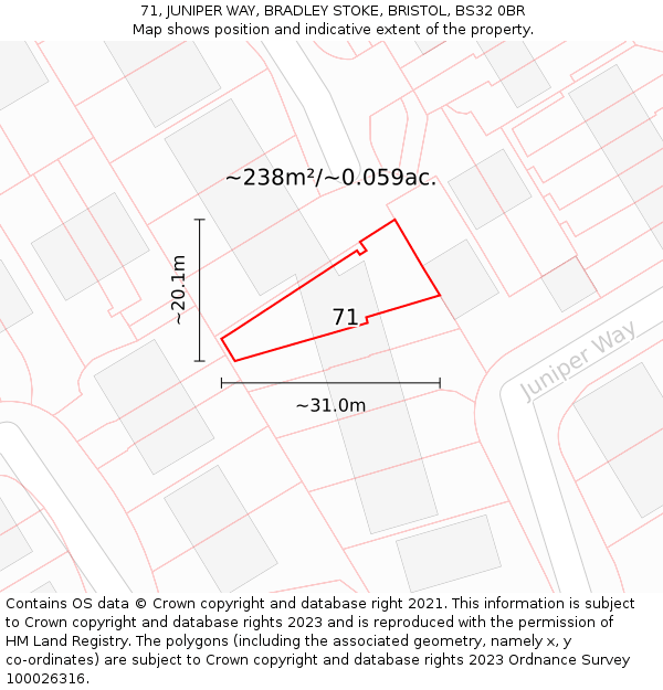 71, JUNIPER WAY, BRADLEY STOKE, BRISTOL, BS32 0BR: Plot and title map