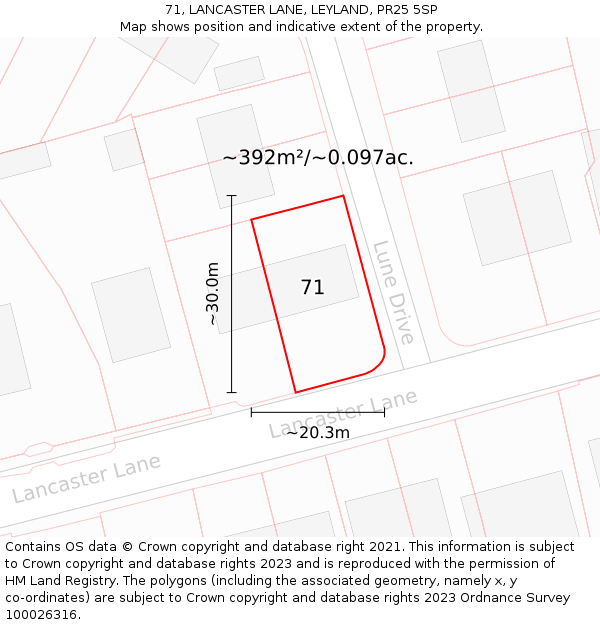 71, LANCASTER LANE, LEYLAND, PR25 5SP: Plot and title map