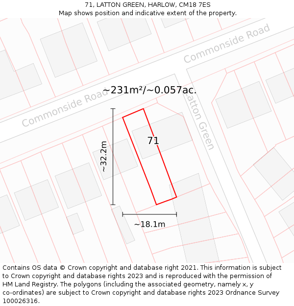 71, LATTON GREEN, HARLOW, CM18 7ES: Plot and title map